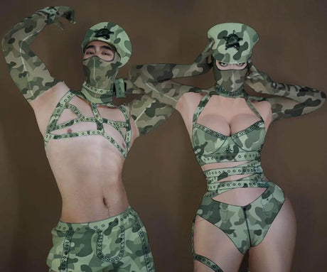 Women Camouflage Jumpsuit Role Playing Costume Bar Nightclub Dancer Sexy Performance Stage Wear Carnival Party Show Rave Outfit