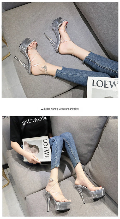 New Sexy Versatile Fashion Women's Shoes 15cm Thin Heel Transparent Catwalk High Heels Crystal Sandals Model Performance Shoes