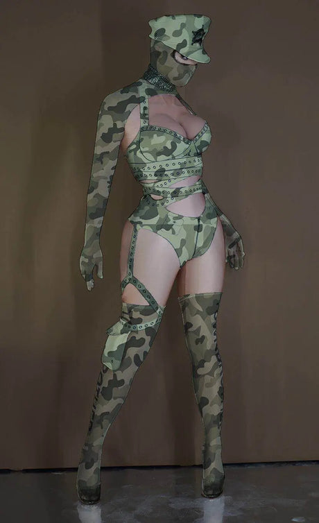 Women Camouflage Jumpsuit Role Playing Costume Bar Nightclub Dancer Sexy Performance Stage Wear Carnival Party Show Rave Outfit