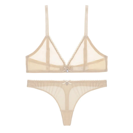 Sexy ladies see through elastic mesh bra set women wire free white underwear bra+thong lingerie set