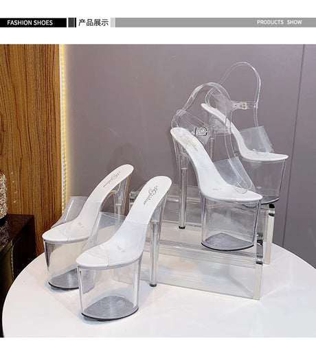 New Sexy Versatile Fashion Women's Shoes 15cm Thin Heel Transparent Catwalk High Heels Crystal Sandals Model Performance Shoes