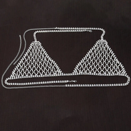 Stonefans Boho Rhinestone Grid Chest Chain and Thong Jewellery Lingerie Panties Women's Harness Bra Sexy Mesh Bodies Accessories