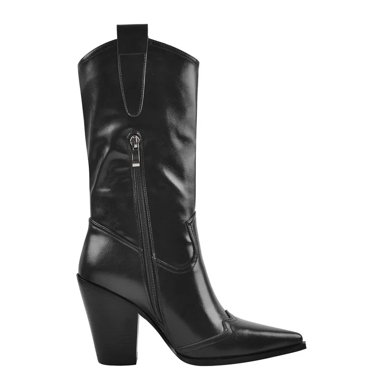 Onlymaker Women Pointed Toe Mid-Calf Boot Matte Black Sewing Embroidered Thick Heels Zipper Winter Big Size Cowboy Boots