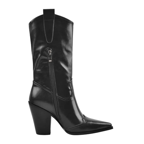 Onlymaker Women Pointed Toe Mid-Calf Boot Matte Black Sewing Embroidered Thick Heels Zipper Winter Big Size Cowboy Boots