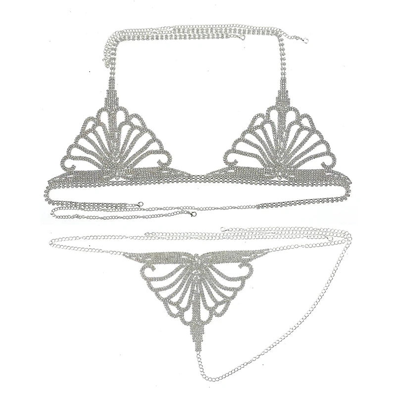 Fashion Hollow Rhinestone Mesh Bra and Thong Set Lingerie Women's Decorations Underwear Festival Bodies Chain Jewelry Harness