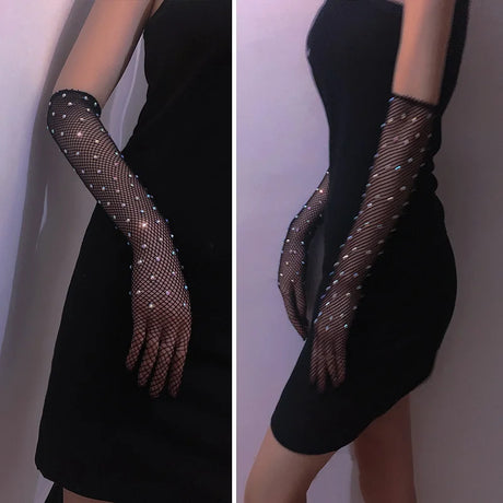 Sexy Elastic Mesh Gloves With Colored Flash Diamonds Bungee Stage Performance Hollow Fishing Net Punk Hiphop Women's Gloves R51