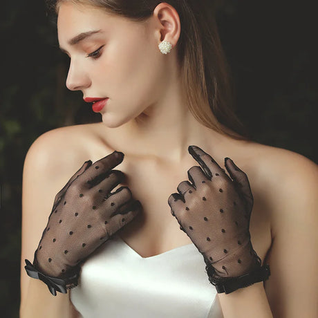 Women Summer Sexy Hollow Transparent Lace Dot Breathable Bowknot Cover Scars Drive Sunscreen Dinner Etiquette Accessories Gloves