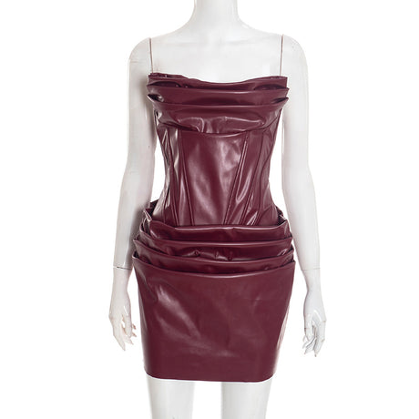 Chaxiaoa PU Leather Off-shoulder Strapless Sexy Mini Dress Women Gown Elegant Backless Sleeveless Ruched Club Party Dresses
