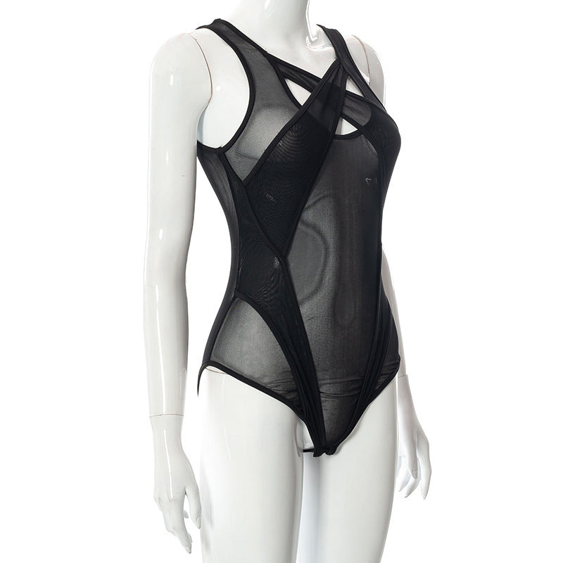 AltGoth Cyber Punk Y2k Mesh Bodysuit Women Streetwear Dark Gothic Sleeveless Patchwork Sexy See Through Hollow Out Onesie Female