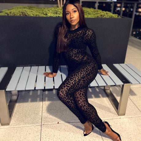 Women European Style Sexy Flocking Sheer Jumpsuit Long Sleeve Slim Fit Bodycon One Piece Outfit Fashion Party Clubwear