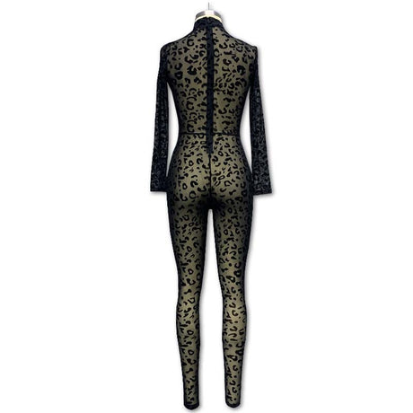 Women European Style Sexy Flocking Sheer Jumpsuit Long Sleeve Slim Fit Bodycon One Piece Outfit Fashion Party Clubwear