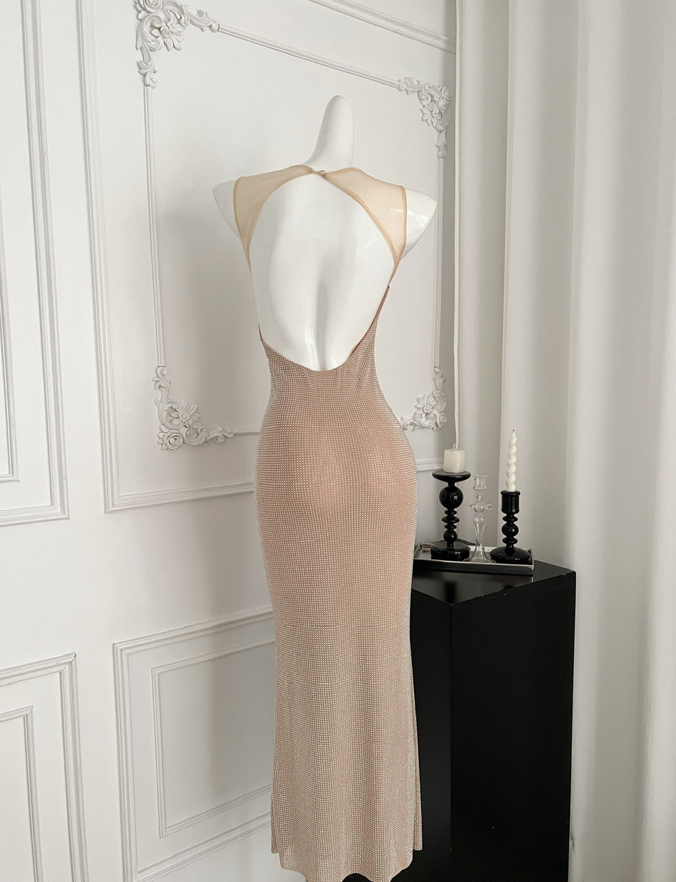 Sexy Square Collar Mesh Patchwork Diamonds Long Dress Women Backless Shiny Rhinestone Slim Dresses Evening Party Cocktail Gowns