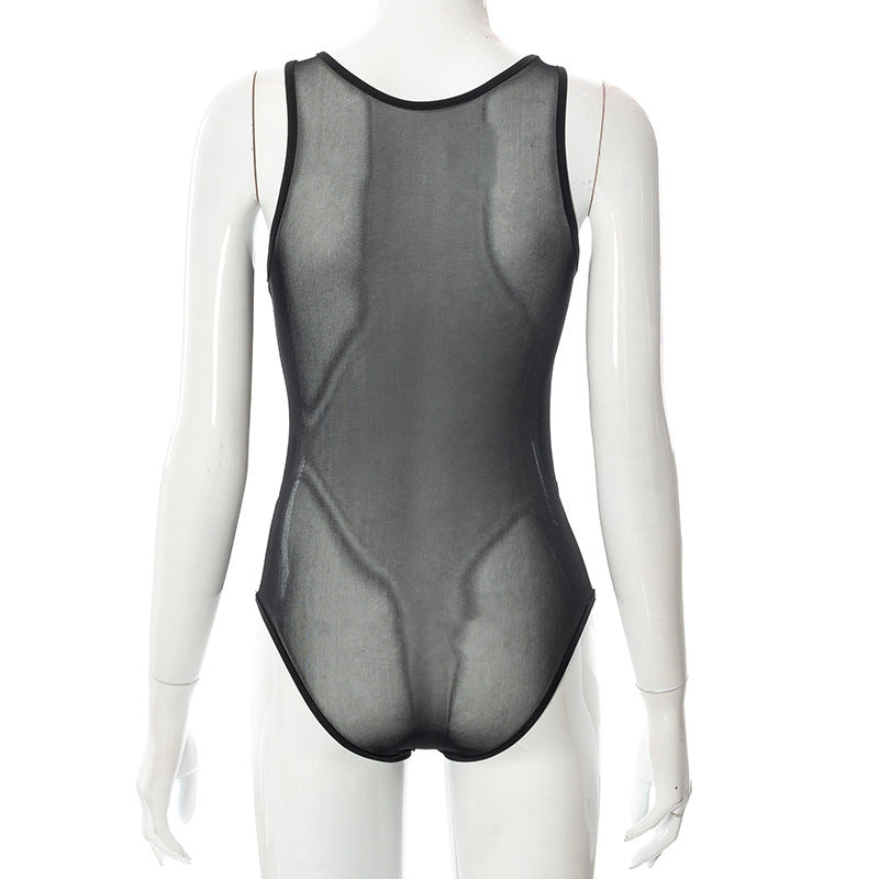 AltGoth Cyber Punk Y2k Mesh Bodysuit Women Streetwear Dark Gothic Sleeveless Patchwork Sexy See Through Hollow Out Onesie Female