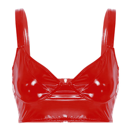 Womens Lingerie Fashion Wetlook Faux Leather Bra Sexy Wire-free No Pad Bra Top Brassiere Raves Pole Dances Costume Clubwear