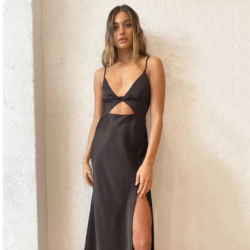 Black Satin Knot Hollow-out Straps Long Dress French Style Sexy Sleeveless Slit Women Summer Dress Lady Evening Party Gowns