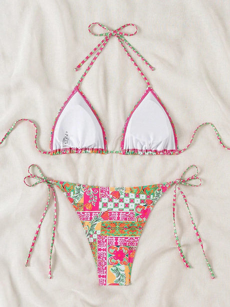 Swimsuit 2026 Female Micro Bikini Women Swimwear Summer Beachwear Women's Bathing Suit Floral Print Neck Halter Thong Bikini Set