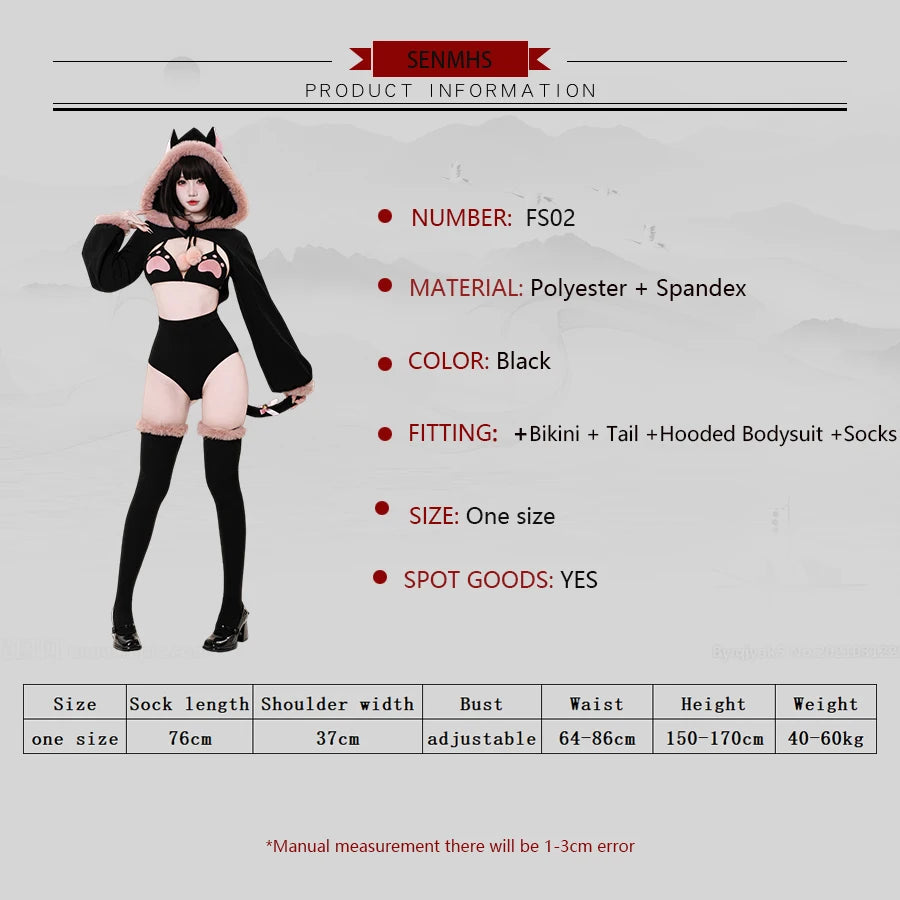 SENMHS Original Japanese Sweet Lolita Cat Girl Cosplay Set Women Kawaii Cat Paw Bikini with Hooded Bodysuit Photo Shoot Hallowee