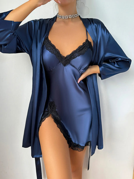 Women's elegant silk lace trimmed pajama set Comfortable robe with sexy nightdress