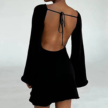 New sexy Backless Round Collar Cover-Ups Solid Color Knit Beachwear Stylish Horn Sleeve Beach suit Female Holiday wrap Dress
