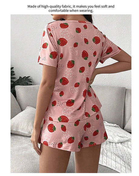 Women's Sleepwear Cute Strawberry Print Pajama Pj Set Summer Short Sleeve Top & Shorts Loungewear Soft Comfortable Home Clothing