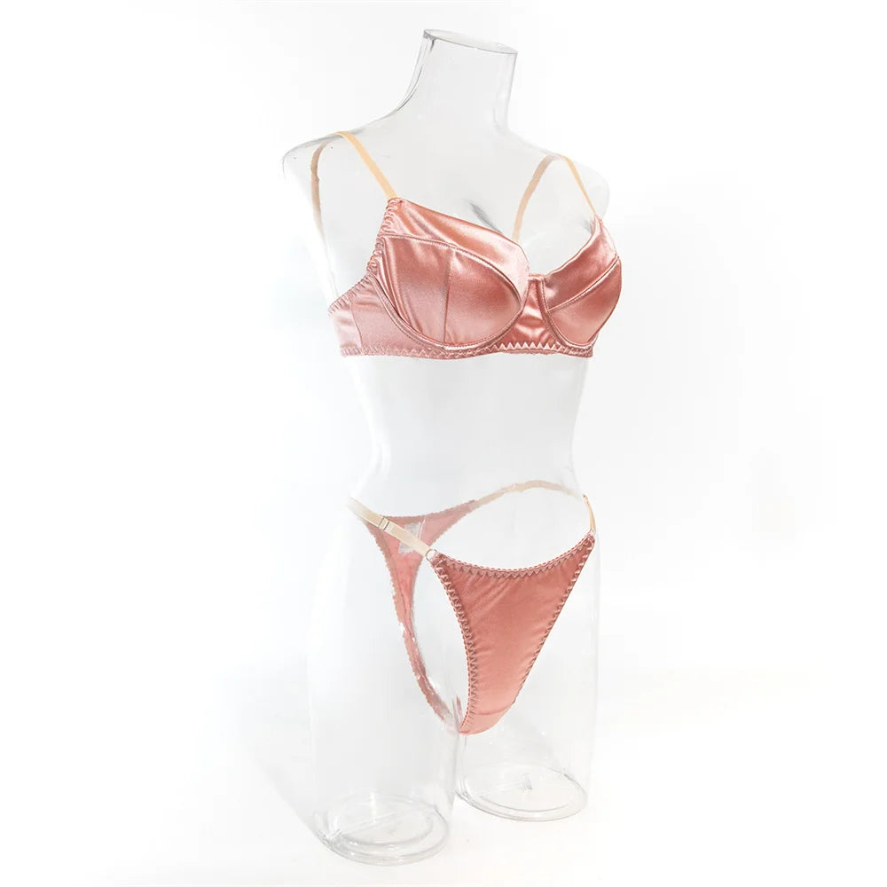 Krasapt Romantic Satin Lingerie 2 Pcs Sets Sexy Patchwork Bras And Thongs Underwear Suits Wedding Night Erotic Intimate Outfits