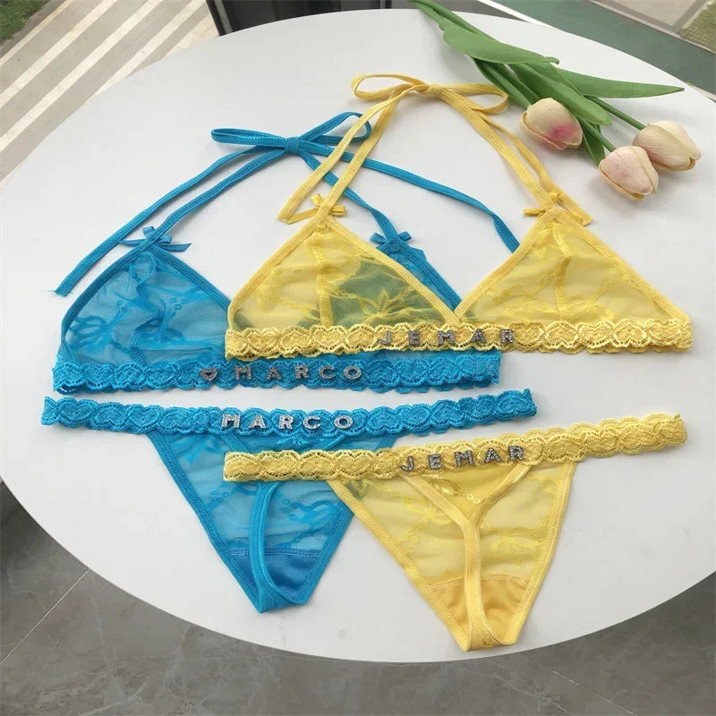 Name Custom Crystal Letter Thong Lace Tie Neck Bikini Bra Panties Sexy Personalized Name Low Waist G-String Underwear Bra Set