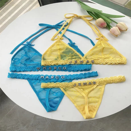 Name Custom Crystal Letter Thong Lace Tie Neck Bikini Bra Panties Sexy Personalized Name Low Waist G-String Underwear Bra Set