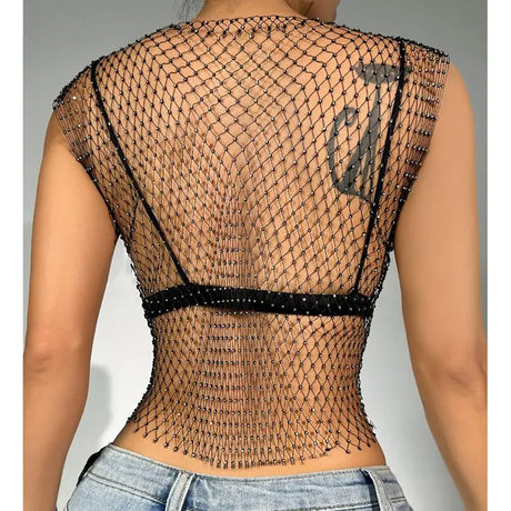 Sexy Top Women Shiny Rhinestone Fishnet Women Y2K Tank Crop Tops See Through Summer Beach Cover Up Tops Party Nightclub Clothing