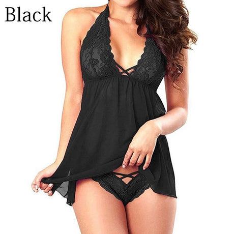 Summer Nightdress Open Back Sleeping Dress for Women Sexy Lingerie Halter Chemise Lace Babydoll Mesh Nightwear V Neck Teddy