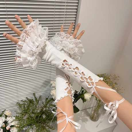 Women Lace Ruffle Arm Warmers Fingerless Gloves Tie-up Elbow Length Sleeves Y2K Aesthetic Kawaii Lolita Oversleeve Cuffs Covers