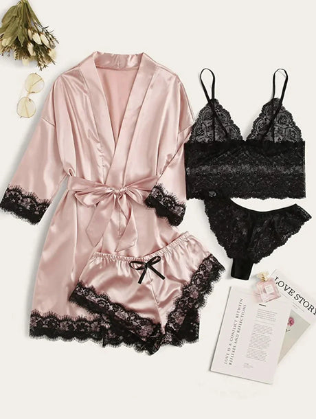Women's Summer Sexy Pajama Pants Set 4 Pieces Lace Satin With Silk Sleepwear Robe Fashion And Comfortable Nightwear