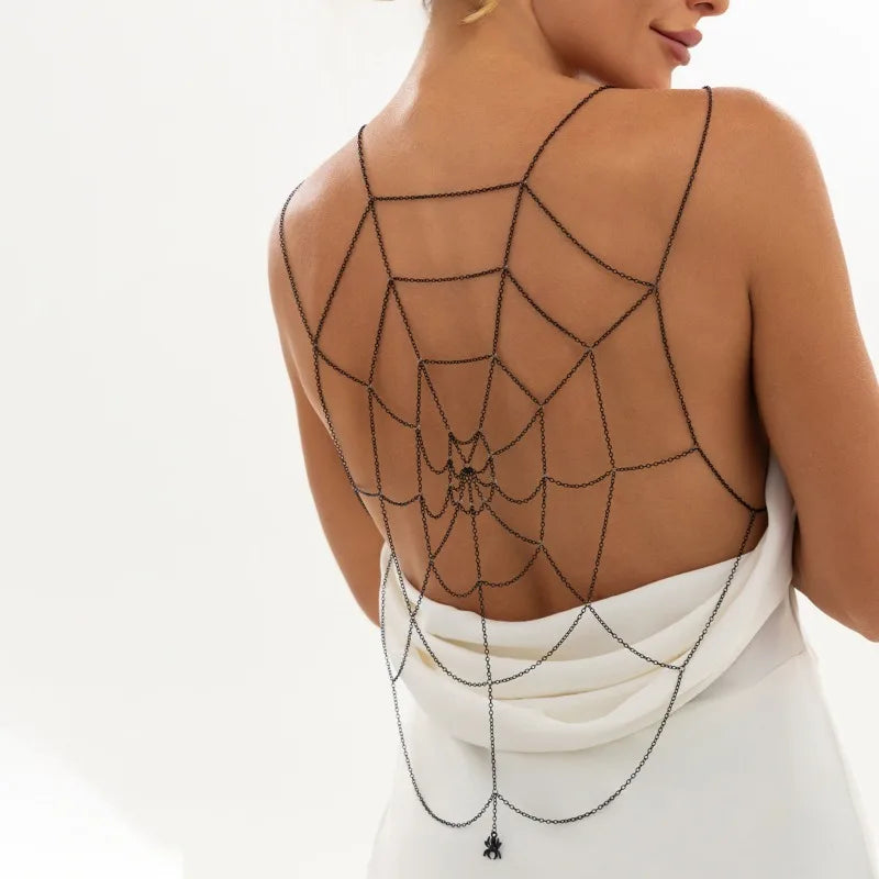 Black Spider Web Body Chain Women Gothic Spider Pendant Back Harness Adjustable Mesh Web Bikini Halloween Festival Body Jewelry
