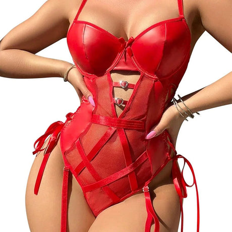 Mesh Bodysuit Glossy Panels Side Lace Up Heart Rings Garter Straps Teddy Lingerie for Layering Club Party Festival Date Night