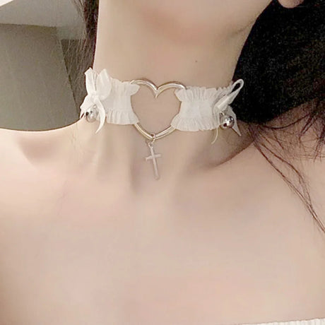 Sexy Cute Heart Bow Lace Choker Necklace Cross Bell Leg Accessories Elastic Loop Jk Gothic Punk Harajuku Collar