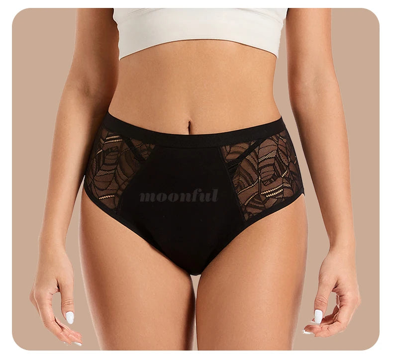 Moonful Women's Menstrual Panties High Waist Leak Proof 4 Layer Breathable Lace Period Underwear Girls Absorbent Brief