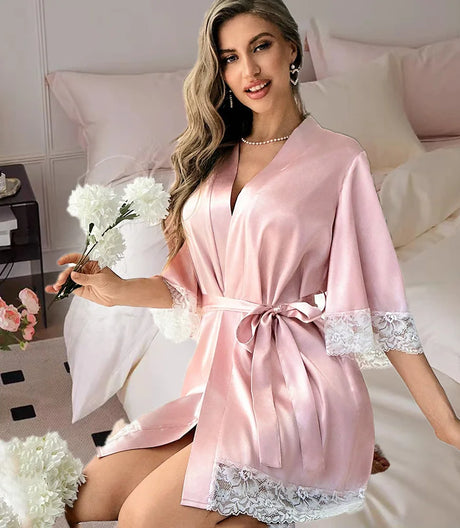 2025 New Ladies Elegant Satin Robe Lace Trim Kimono Short Sleepwear Nightgown V Neck Belted Bridal Loungewear Bridesmaid Gift