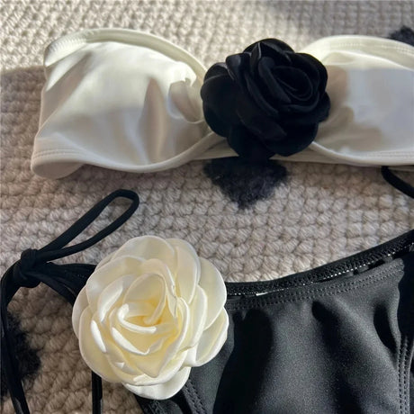 Sexy Flower Bandeau Swimwear Thong Bikini 2026 Women Lace-up Swimsuit Swimming Bathing Suit Brazilian Bikinis Sets Mujer Biquini