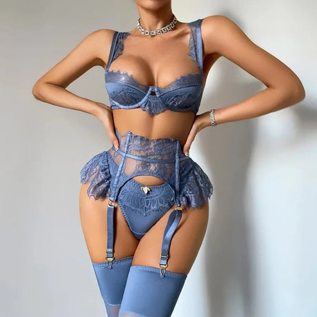 Women's Blue Lace Lingerie Set 4 Piece Bra Panty Garter Belt Stockings Underwire Adjustable Straps Sexy Romantic Nightwear 2026