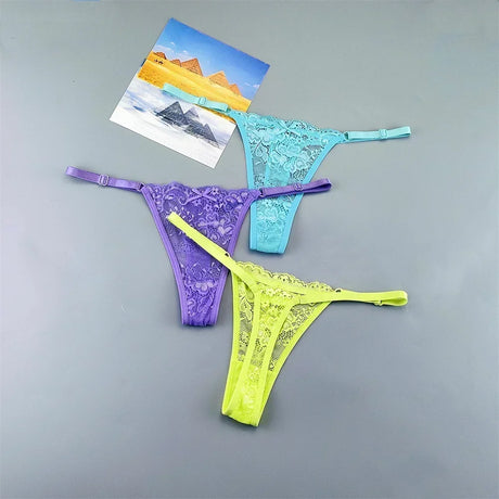 3PCS Adjustable Sexy Transparent Thong Panties Women Lace Underwear Low Waist Female T-back String Underpants