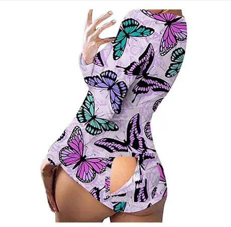 Sexy Pyjama Women's Long Sleeves Homewear Suit Button-Down Front Back Butt Bum Open Ass Flap Jumpsuit Loungewear Christmas Print