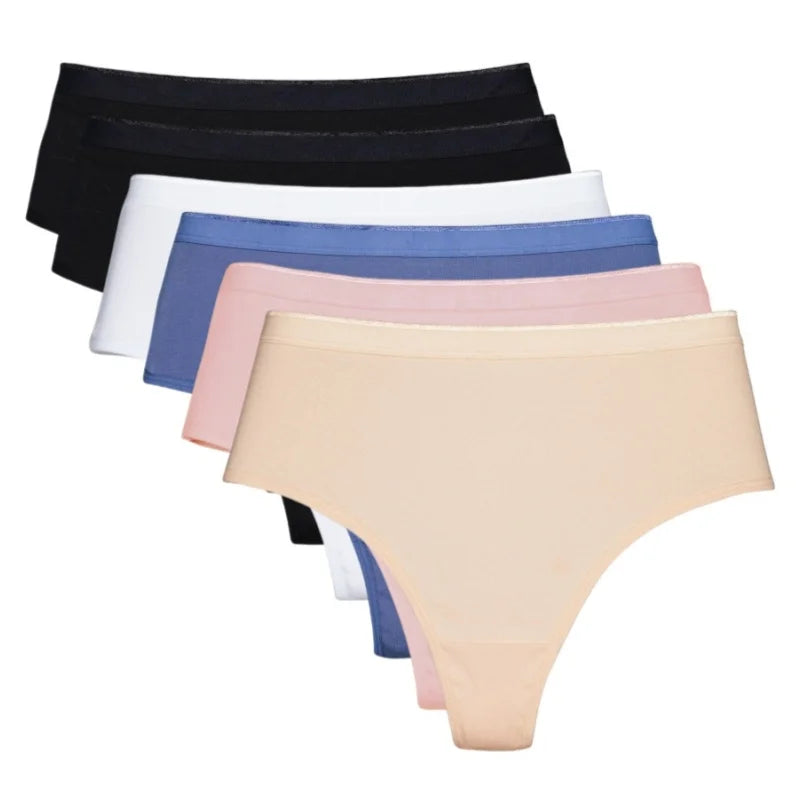 6 Pack Women's High Waisted Thong Cotton Underwear Ribbed Soft Breathable Panties Soft Stretch Intimates Sexy Lingerie S-XL