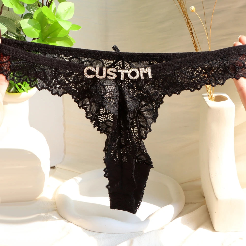 Personalized Rhinestone Letter Lace Thong for Women Custom Name Crystal G-String Panties Sexy Lingerie Gift