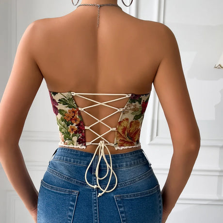Sexy Club Wear V Neck Printed Strappy Sleeveless Vest Woman,Y2K Retro Slim Crop Top Street Style Bare Shoulder Fishbone Corset