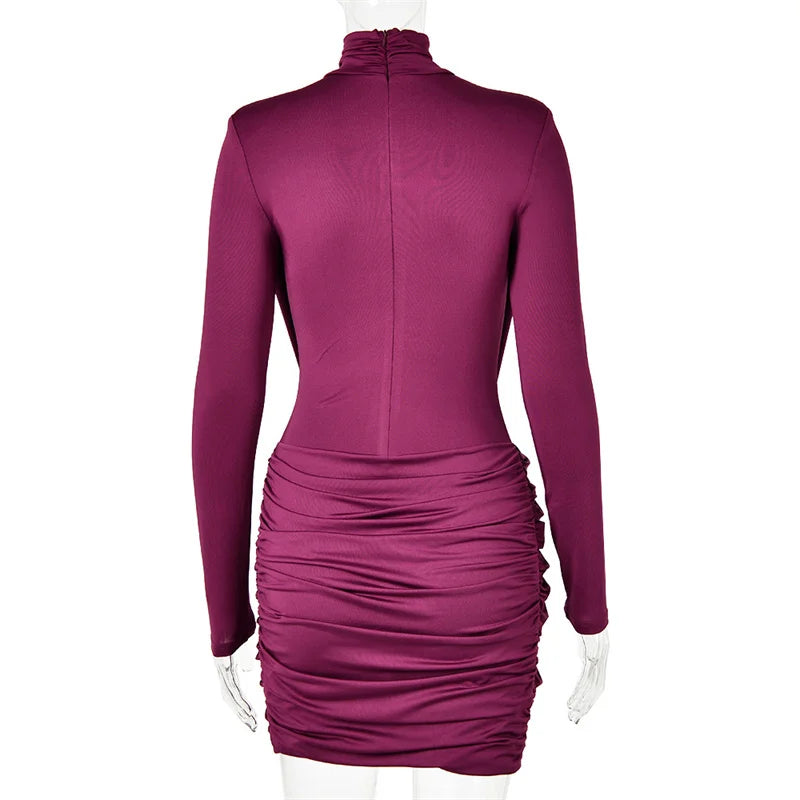 Mozision High Neck Shoulder Pads Long Sleeve Sexy Mini Dress Women Draped Cross Front Ruched Slim Bodycon Nightclub Party Dress