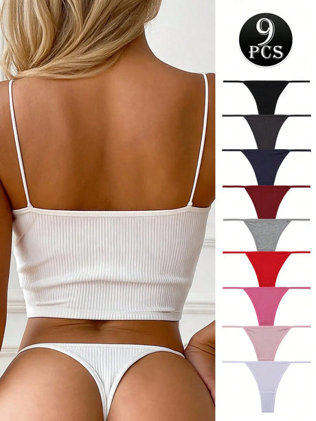 9Pcs Sexy Thong Panties Ribbed Low Waist Seamless Thongs Soft Briefs Breathable Comfortable G-String Underwear Simple Style