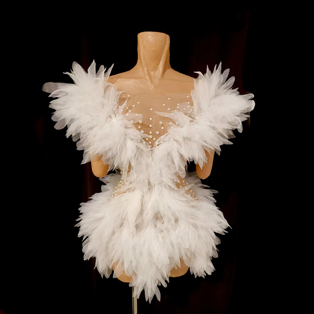 Sexy White Rhinestone Skirt Transparent Wings Mini Dress Bar Nightclub Party Singer Stage Performance Costume Drag Queen Outfit