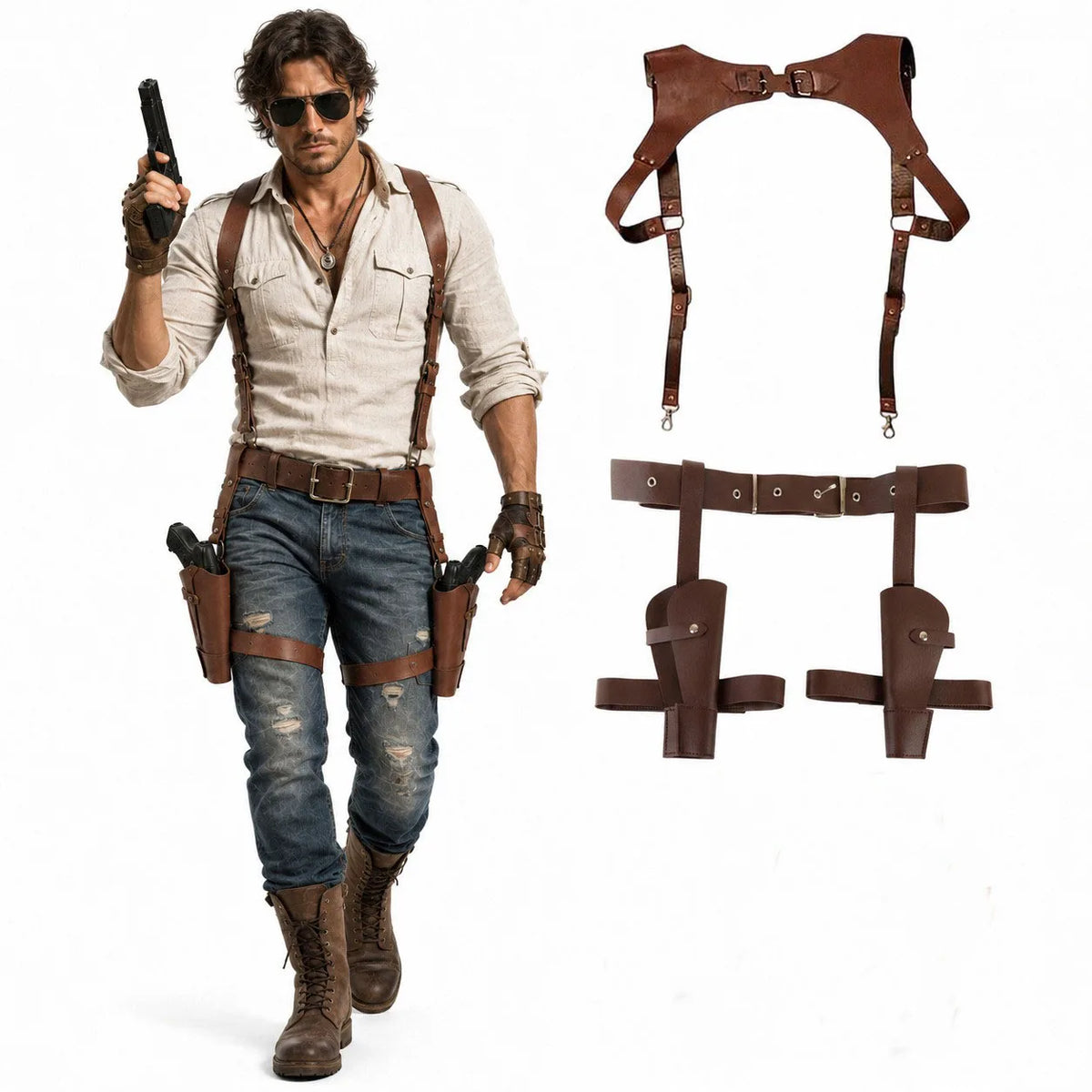 Women Faux Leather Set Steampunk Chest Harness Belt + Thigh Holster Medieval Pirate Cosplay Costume Accessories Halloween