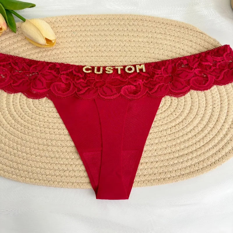 Personalized Custom Thong Name Crystal Letter G-String Low Waisted Lace Thong Ice Silk Bikini Panties Hot Wife Girlfriend Gift