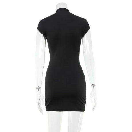 Sexy Black Hollow Out Mini Dress Fashion Women's Turtleneck Short Sleeve High Waist Slim Dresses Lady Evening Club Fashion Robes