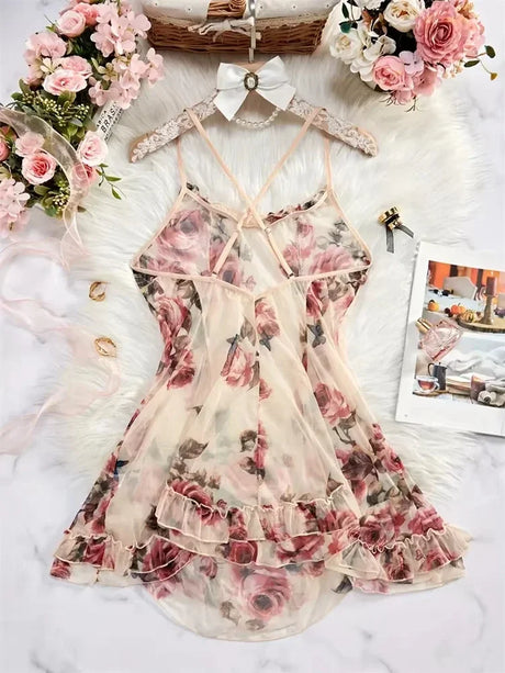 Women Floral Spaghetti Strap Nightdress Back‑cross Chemise Romantic Sleepwear for Valentine Honeymoon Dating Bedroom Loungewear